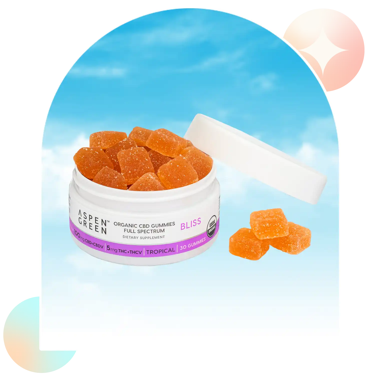 aspen-green-bliss-organic-cbd-gummies-open-jar-front-3-gummies-clouds